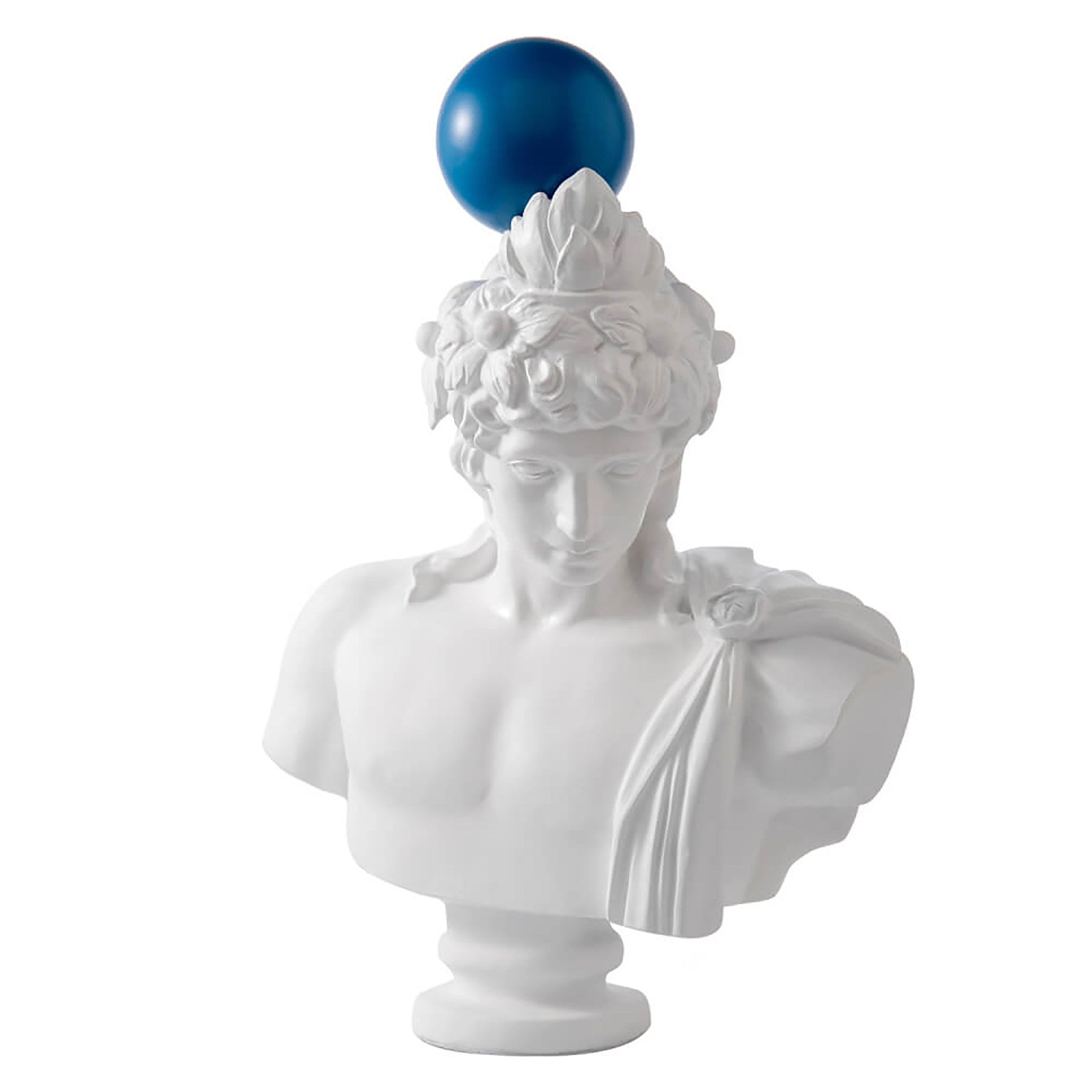 Antique-Inspired White Bust Sculpture with Blue Orb Statue