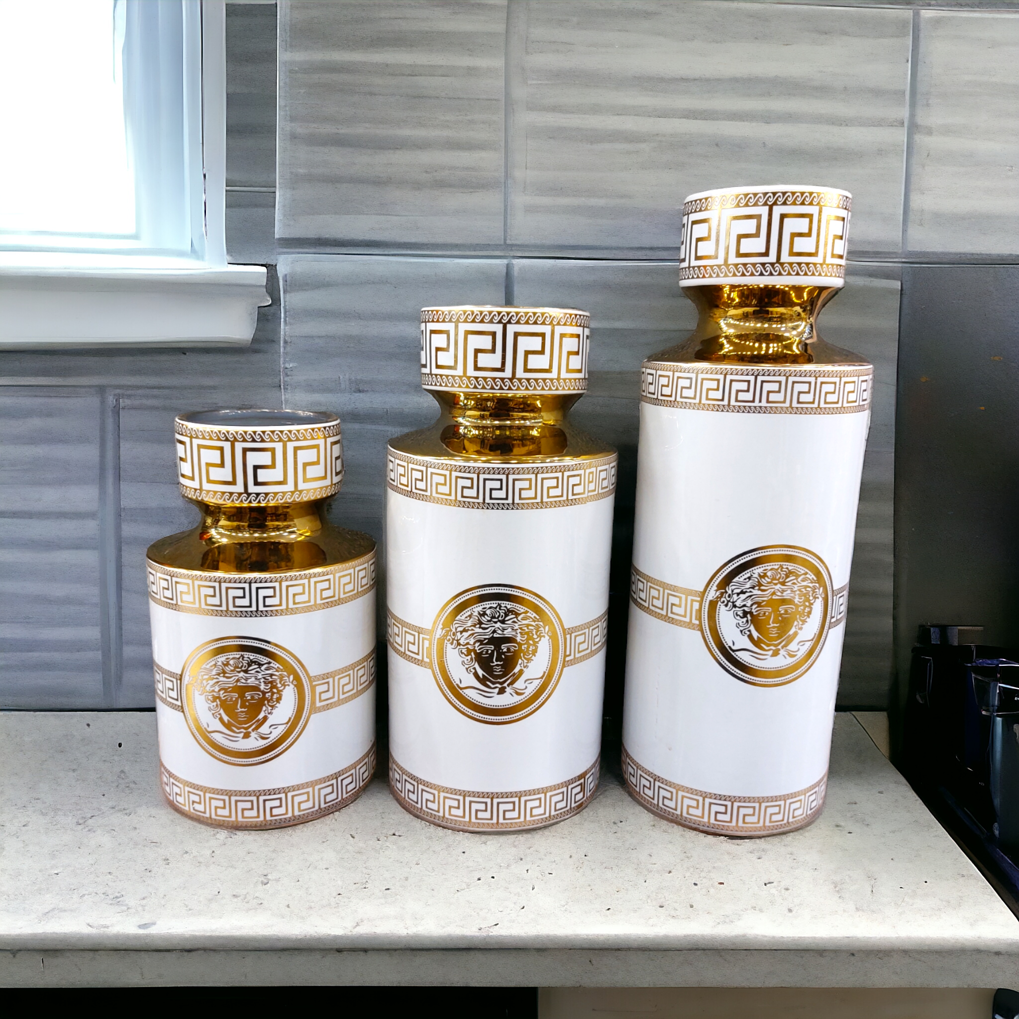 Versace style 3 piece jars white