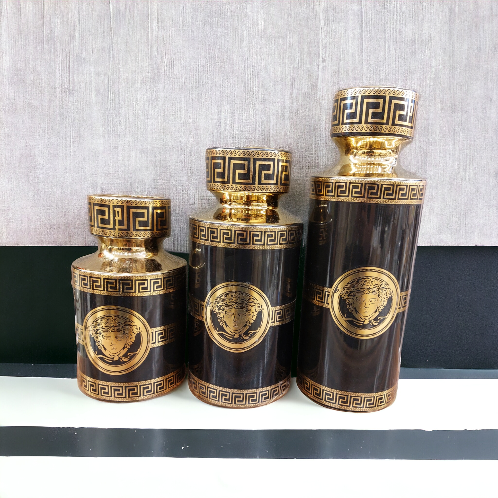 Versace style 3 piece jars black