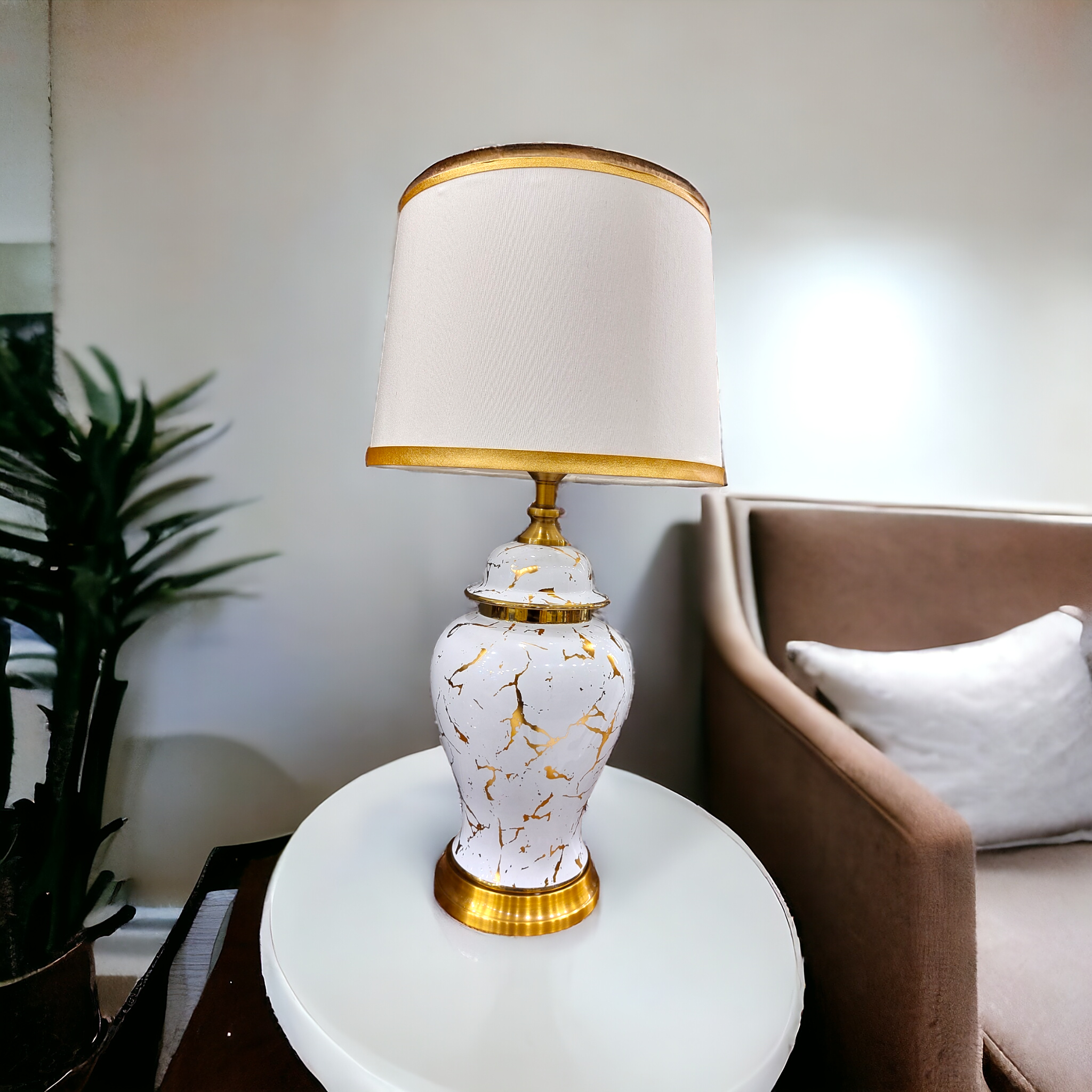 Marble effect white and gold table lamp large